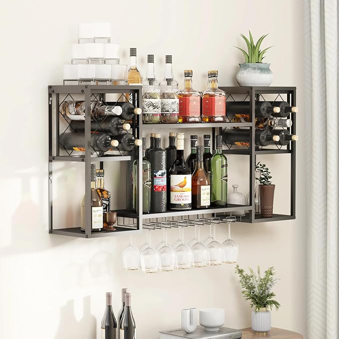 Wall Mounted Wine Rack, Multi Functional Bar Shelves for Liquor Bottles with Glass Holder, Modern Metal Bar Shelves Wall Mounted for Home Bar, Kitchen (Black, 47.3" L x 9.9" W x 23.6" H)