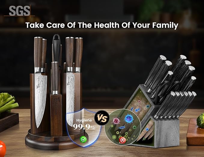 Kitchen Knife Set with Magnetic Block and Sharpener 14 Piece Knife Set 360° Rotatable Holder Ultra Sharp High Carbon Stainless Steel Knives Sets with Steak Knives, Christmas gift