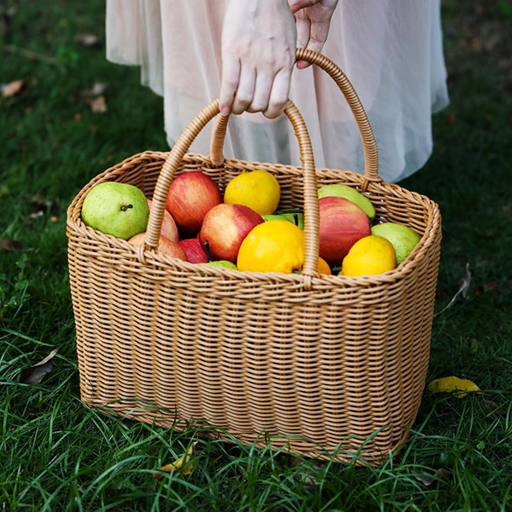 Alipis Decorative Woven Basket with Handle, Brown Plastic Rattan Flower Arrangement Basket for Storage, Picnic, Home Decor, Fruits, Vegetables, Camping, Weddings