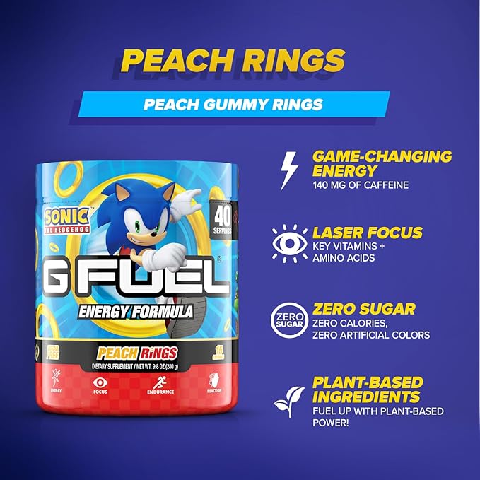 G Fuel Sonic Energy Drink Powder, Pre Workout Caffeine Mix for Gaming, Sugar Free Focus Amino, Vitamin + Antioxidants, 9.8oz (Peach Ring Candy, 40 Servings)