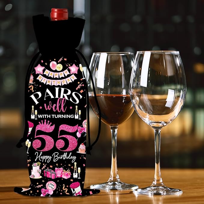 55th Birthday Gifts for Women Men Wine Bag, 55 Year Old Birthday Wine Bags for Women Men, 55th Birthday Party Decorations for Women Men, Pairs Well with Turning 55 Wine Bags (Black Pink)