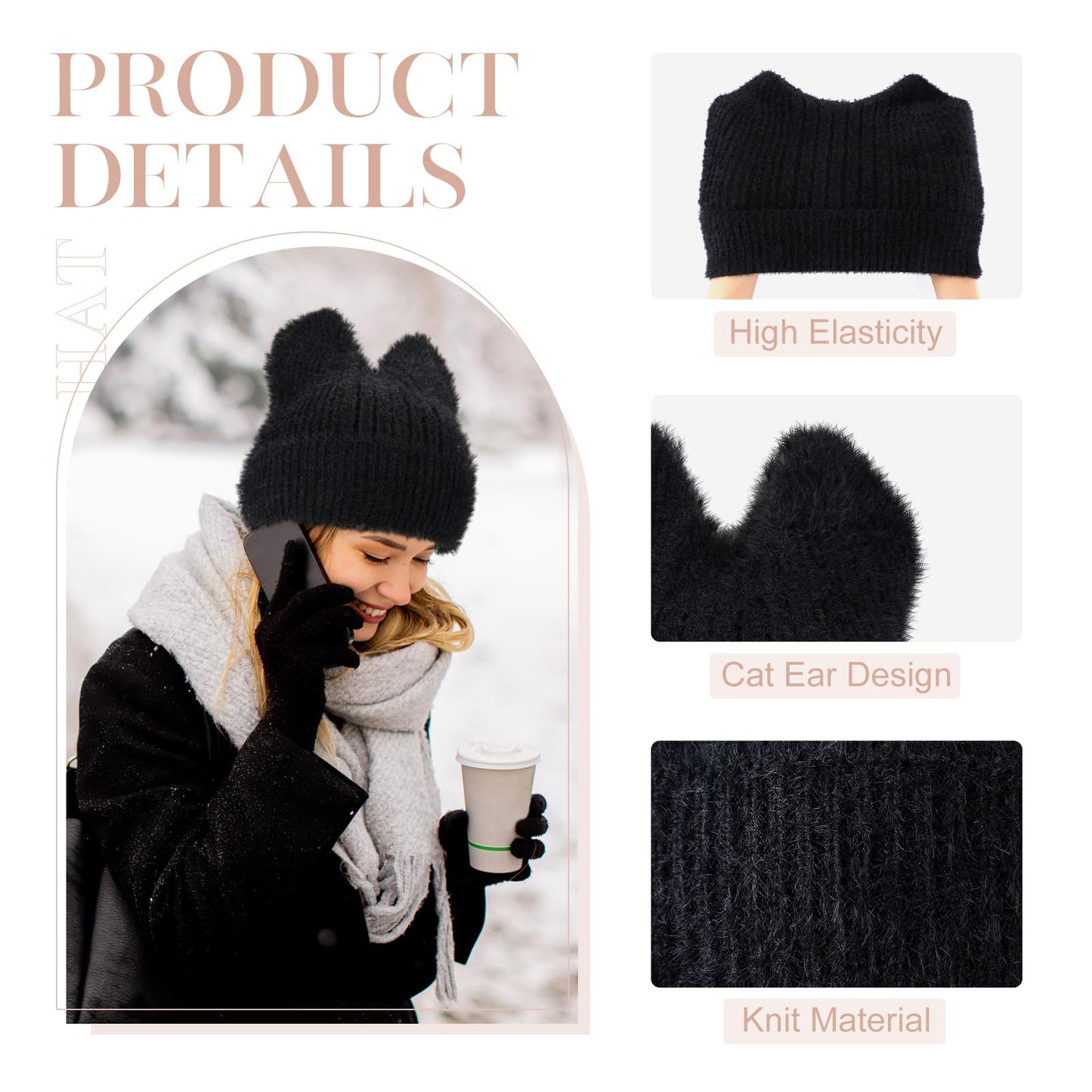 Silicherry 3 Pcs Winter Cat Ear Knitted Beanie Hats for Women Men Ladies Soft Warm Lazy Slouchy Hat Accessories(Black,Pink,White)