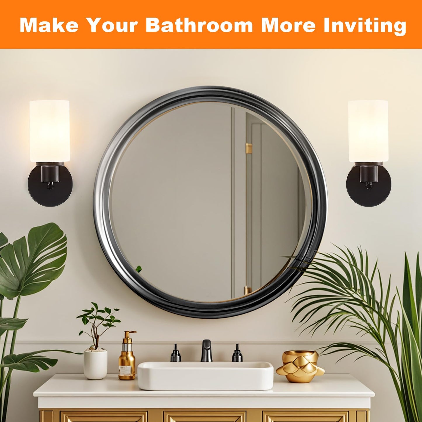 DINGLILIGHTING Wall Sconces - Modern Bathroom Vanity Light Fixtures, Matte Black, Milky White Glass Shade, 1-Light, 2 PACKS