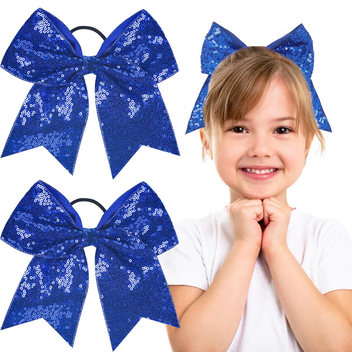 2 PCS 8  Large Cheer Bows Sequin Cheer Hair Bows Ponytail Holders Cheerleading Bows for Jumbo Cheerleading Teen Girls Sports (Bl
