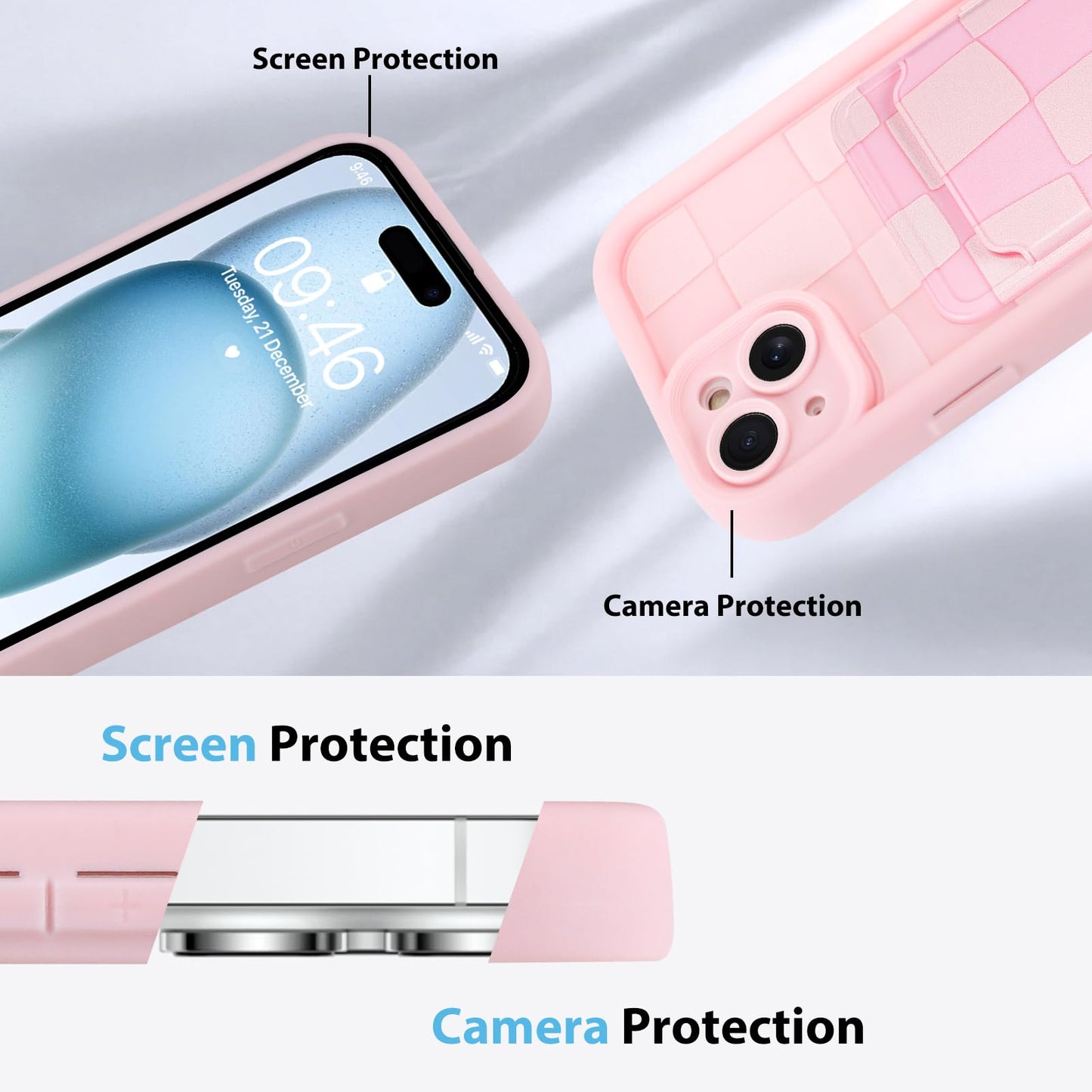Kanghar Compatible With Iphone 15 Case, Wallet Silicone Checkered Cute Pattern, Card Holder Camera Protection Soft Slim Shockpro