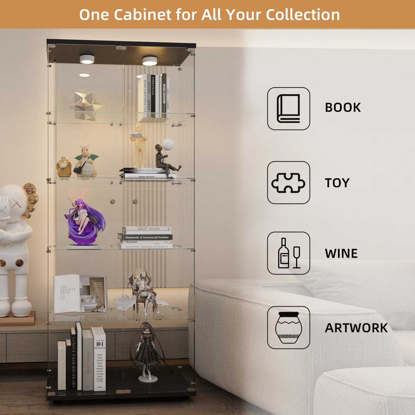 Beauty4U Glass Display Cabinet with Lights, 5 Shelves with 2 Doors, Curio Cabinets for Living Room, Bedroom, Office, Black Floor Standing Glass Bookshelf, Quick Installation