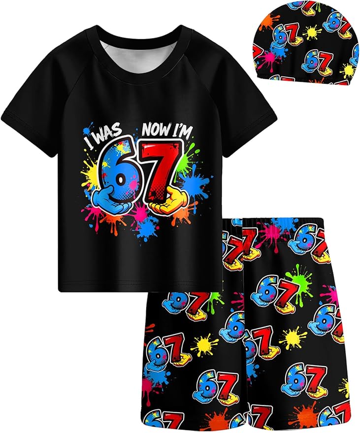 Kids 67 3-Piece Swim Set Rash Guard Quick-Dry Trunks and Cap Birthday Swimwear for Boys 5-12Y