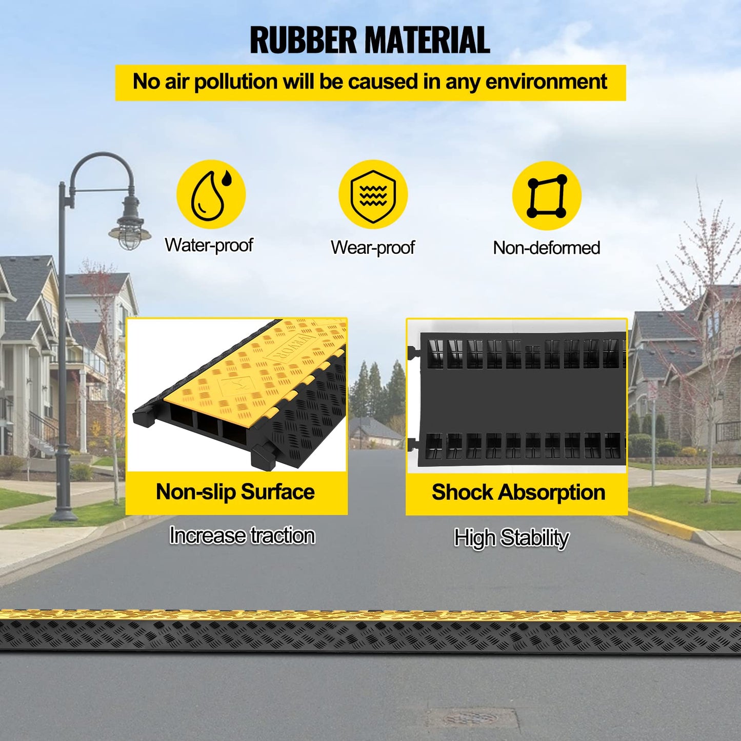 Vevor 3-Channel Rubber Cable Protector Ramps Heavy Duty 44000Lbs Load Capacity Cable Wire Floor Cord Cover Ramp Speed Bump Drive