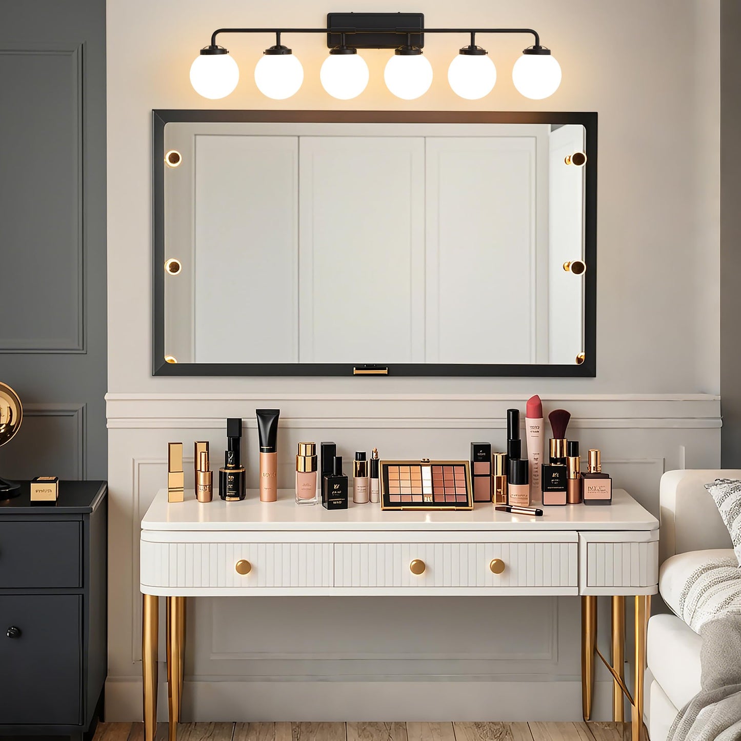 Deyidn Bathroom Light Fixtures Over Mirror, 6-Light Matte Black Vanity Lighting with Milk White Glass Globe Shades Modern Wall Sconce