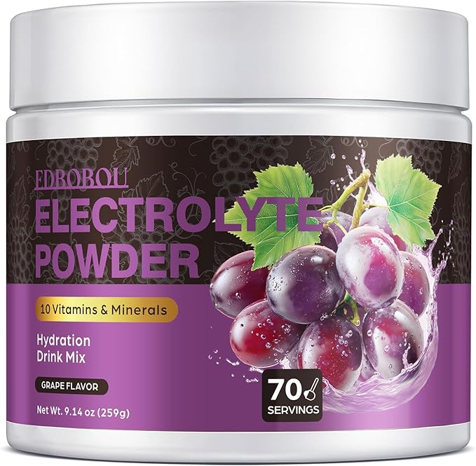 EDBOBOU Sugar Free Electrolyte Powder Grape Flavor 70 Servings Refreshing Hydration with Potassium, Sodium & Magnesium Glu...