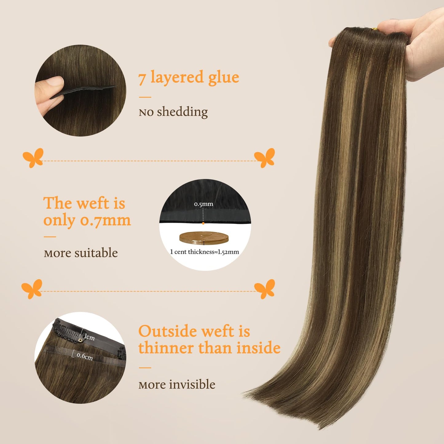 DOORES Clip in Hair Extensions, Chocolate Brown to Caramel Blonde 130gg 9pcs 14 Inch Virgin Straight Human Hair Extensions for W