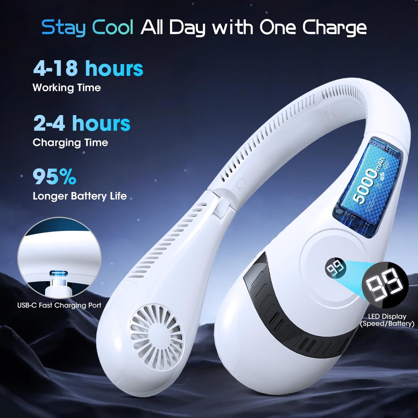 Olv Neck Fan 5000Mah Rechargeable Battery Portable Fan 360 Bladeless Cooling 3 Speeds Powerful Airflow Personal Foldable Neck Fa