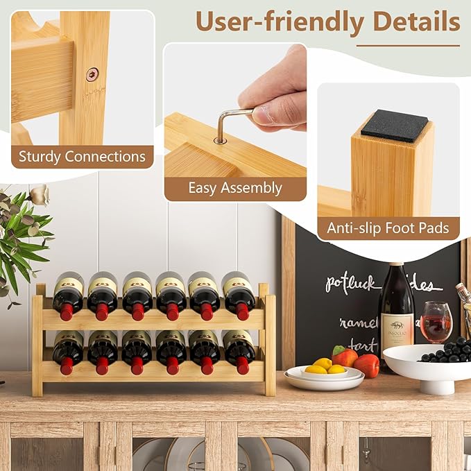 Giantex Bamboo Wine Rack, 2 Tier 12 Bottle Wine Storage Cabinet Shelf, Small Wine Rack Bottle Organizer Freestanding Counter, Countertop Wine Racks for Kitchen, Bar, Pantry & Wine Cellar, Natural