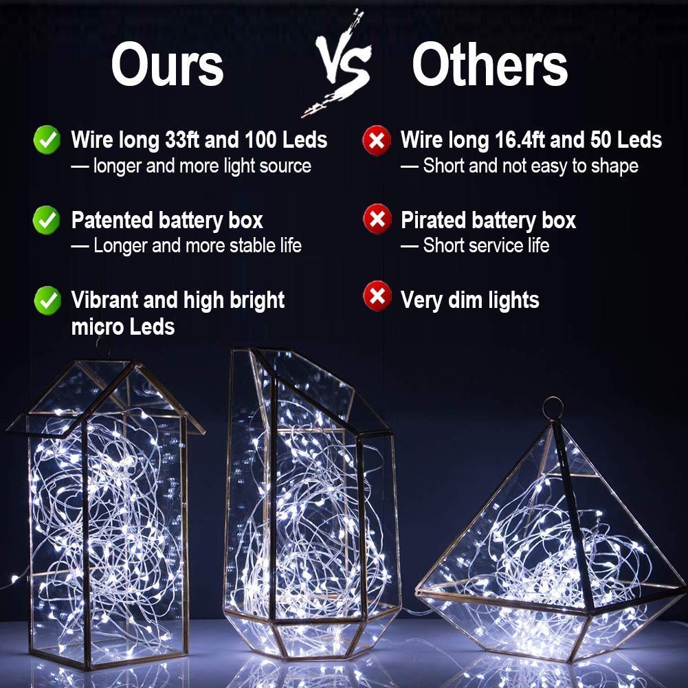 MUMUXI Fairy Lights String Lights, 33ft 100 LED, Battery Operated, Timer, Cool White, Waterproof Silver Wire, Set of 2