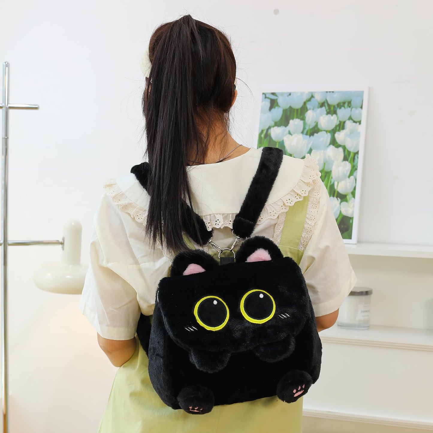 Ueeksry Cute Plush Black Cat Backpack, Plush Cat Bag, Stuffed Animal Backpack, Shoulder Bag Crossbody Bag, Cute Cartoon Bag for Girls Women