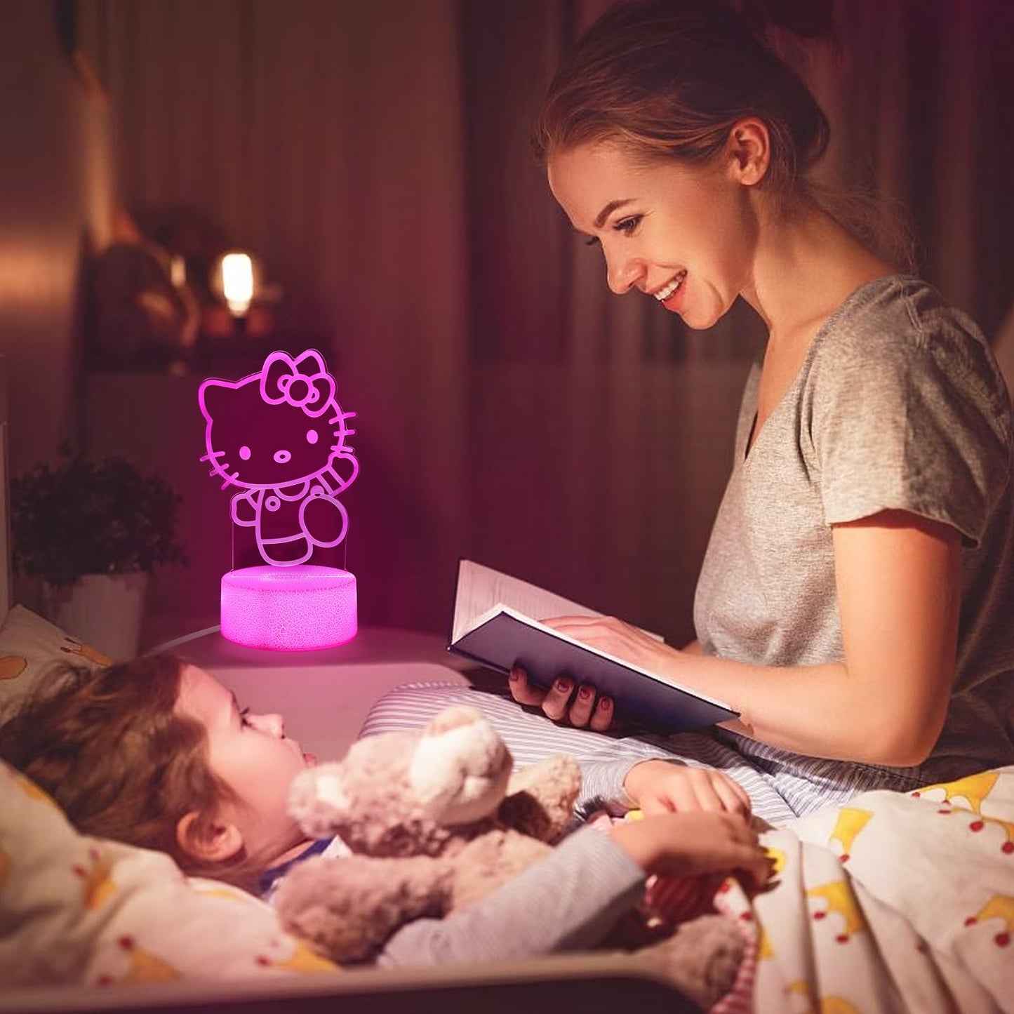 Sunduck Pink Kawaii Kitty 3D Night Light With Corded Control- Dreamy Girls Room Decor  Perfect Birthday/Christmas Gift For Kids  Unique Holiday Present