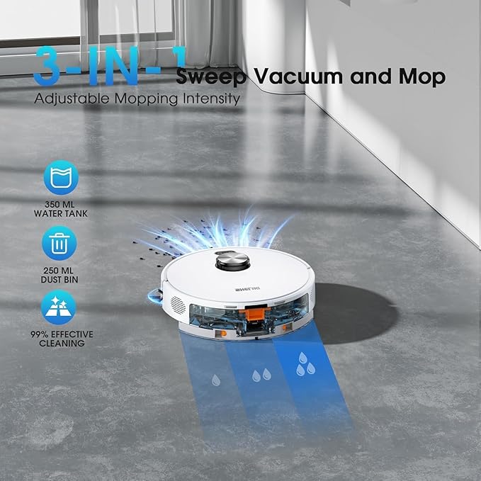 Robot Vacuum and Mop, 3-in-1 Robotic Vacuums Cleaner with LiDAR Navigation Smart Mapping & Max Strong 6000Pa Suction, Self Emptying Bases for 70 Days-White