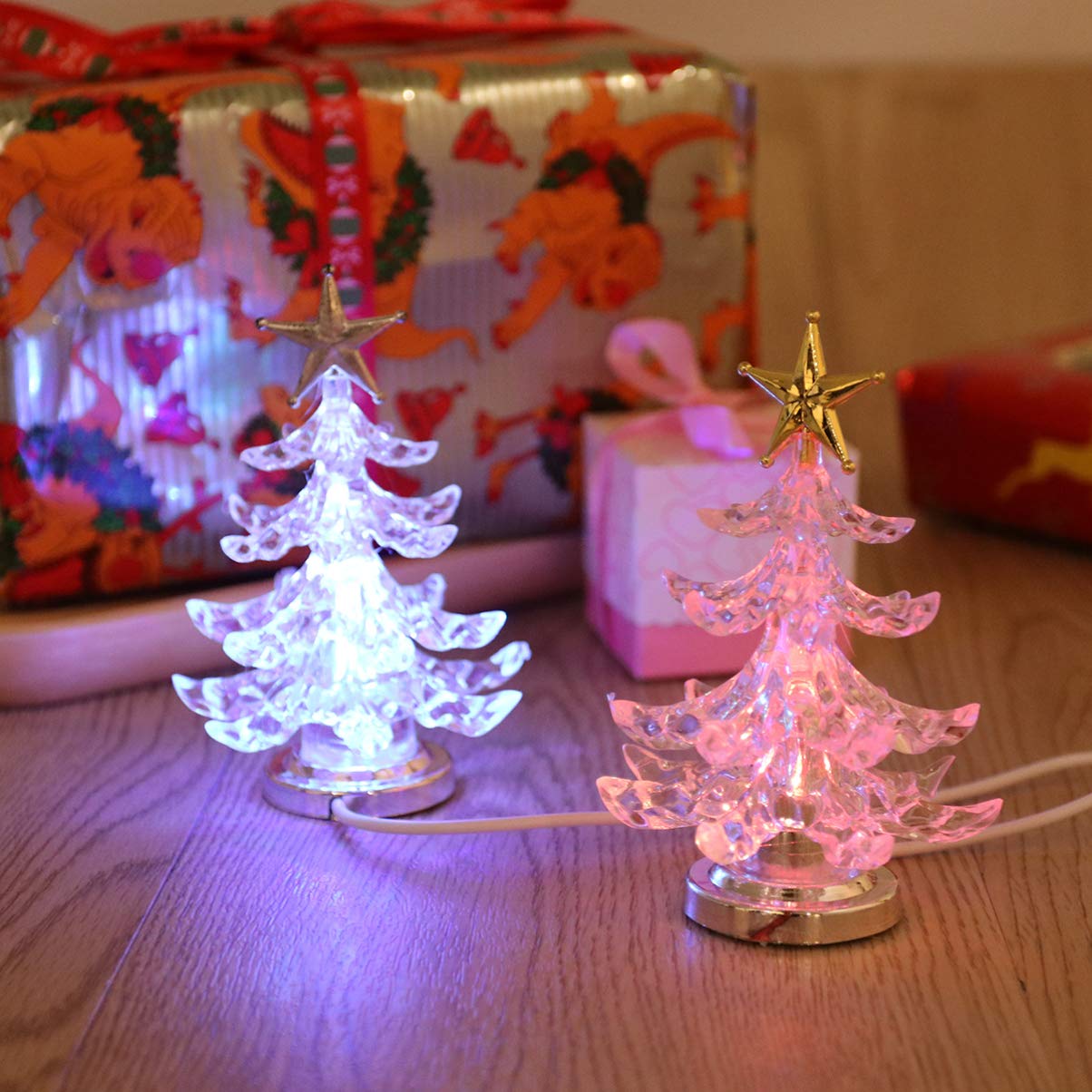 Mobestech 2Pcs Christmas Tree Night Light Usb Acrylic Light Up Christmas Tree Star Tree Top Tabletop Lights For Christmas Decor Ornaments