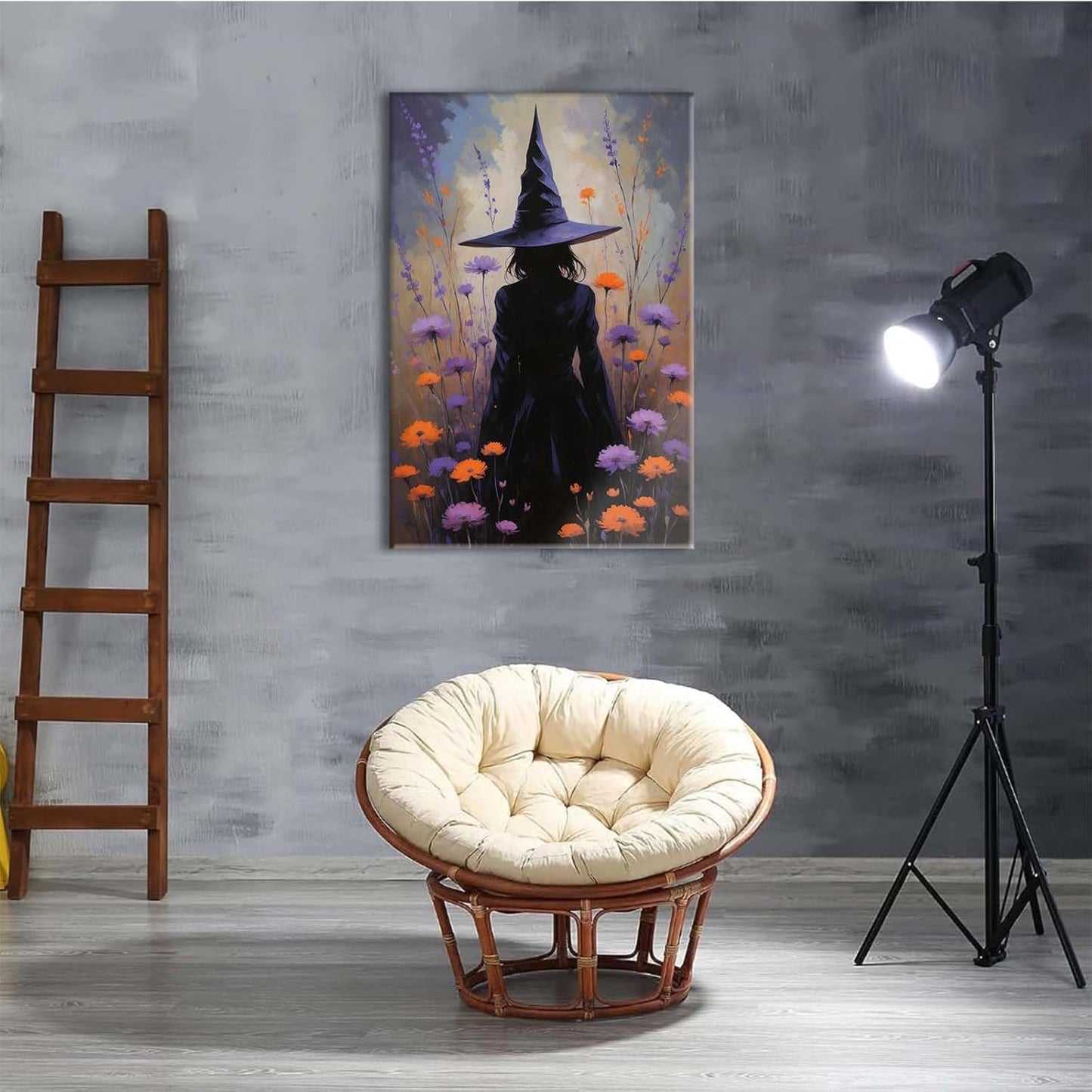 Country wildflower witch canvas print halloween mashup art witch purple decoration bohemian elegant art poster16x24in Wood Framed