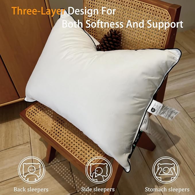 Natural Goose Down Pillows - White Down Pillow Standard Size - 550 Fill Power - Soft and Support Down Bed Pillow for Back,Side,Stomach Sleepers，1 Pack (20" x 26")