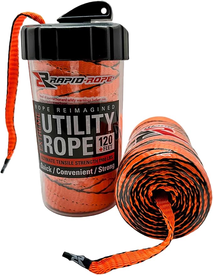 Rapid Rope Canister 120ft Orange Flat Tactical Paracord, Made in USA, 1100lb Tested Heavy Duty Poly Rope Test Cord, Non-Ta...