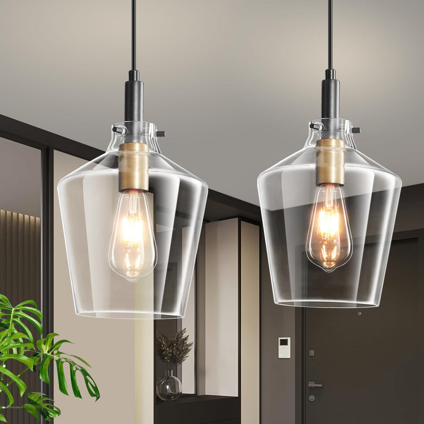 Vaziden Modern Glass Pendant Lighting For Kitchen Island 2 Pack  Farmhouse Black And Gold Pendant Light Fixtures  Adjustable Hanging Ceiling Light  Angled Clear Glass Shades 8 Inch
