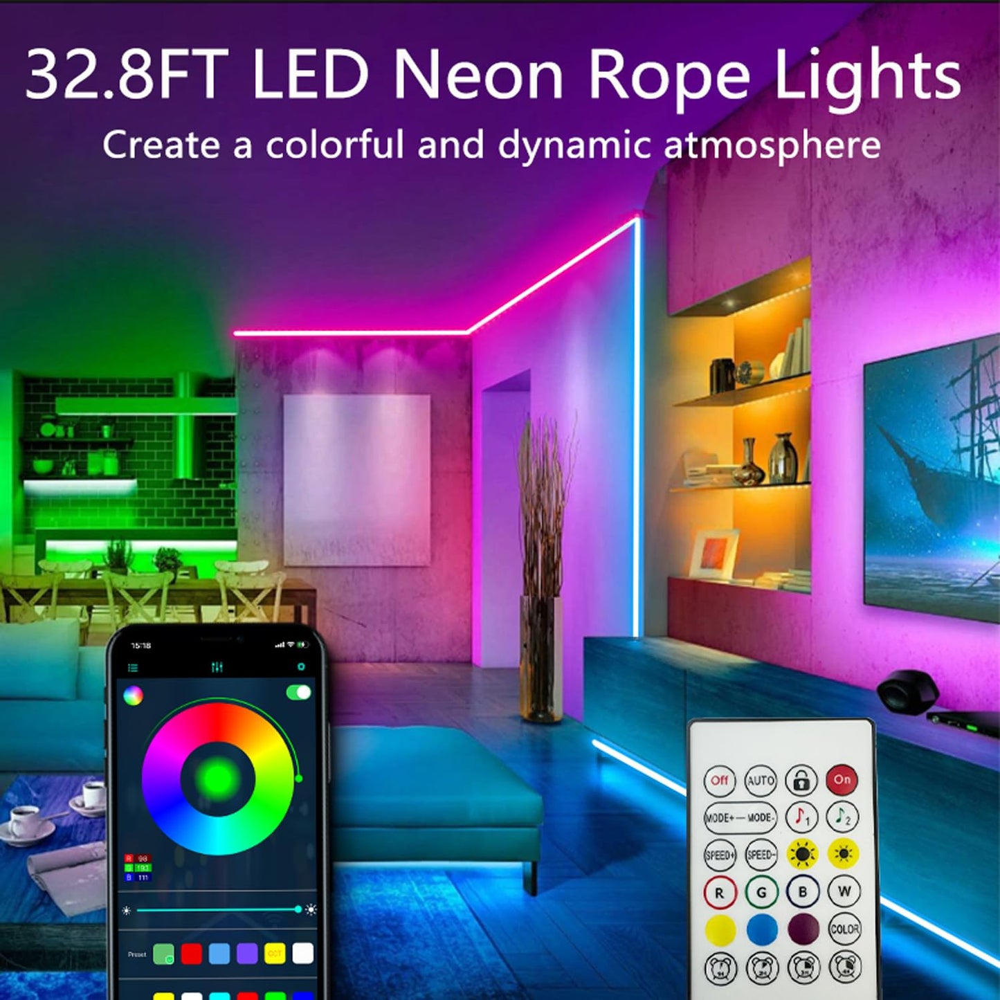 Bvokon RGB Neon Rope Lights, 32.8FT Flexible LED Strip, App/Remote Control, Music Sync, IP65 Waterproof