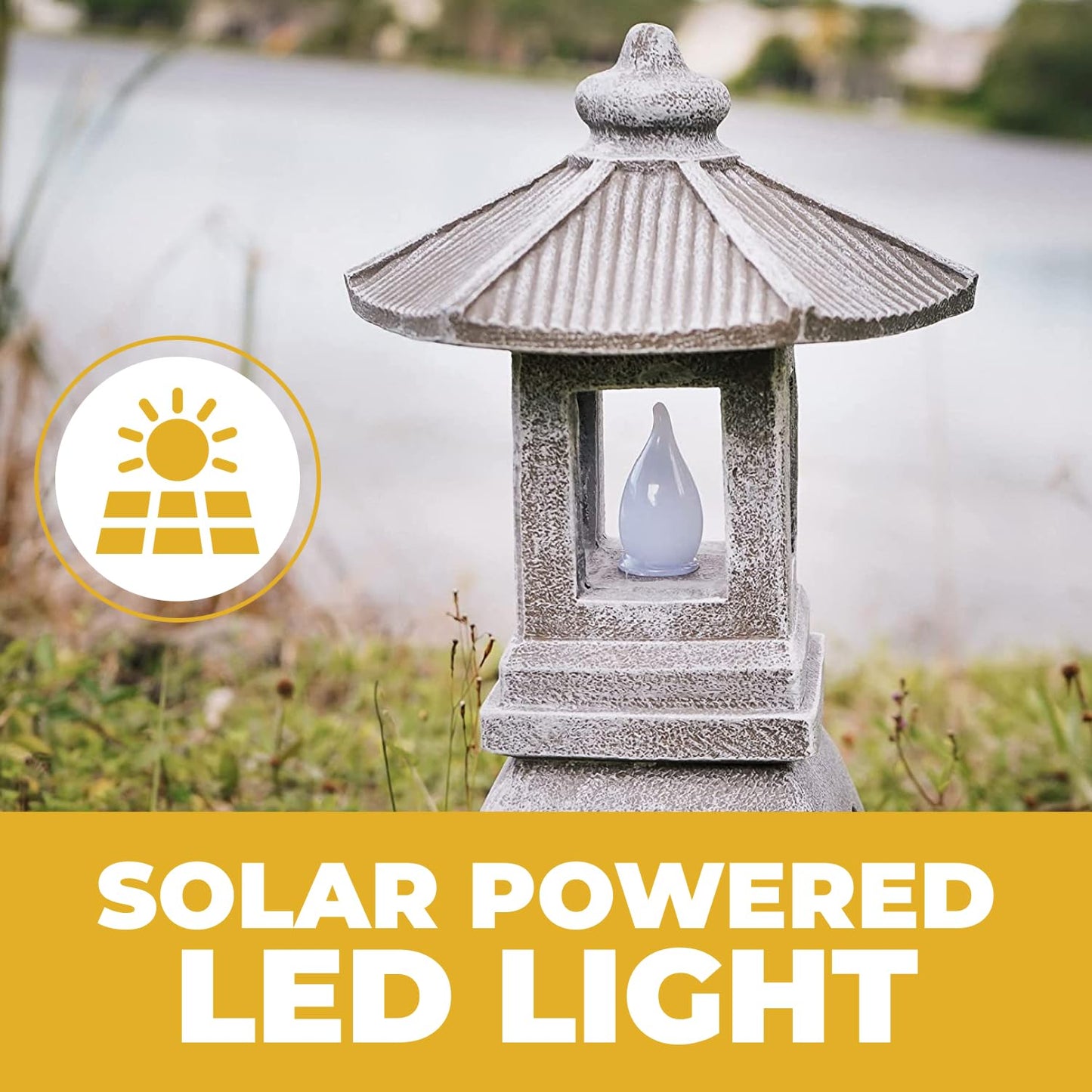 VP Home Solar Powered Pagoda Garden Statue, 12inH x 7.5inW x 6.5inD, Tranquil Pagoda, Outdoor Zen Lantern with Flickering LED Light