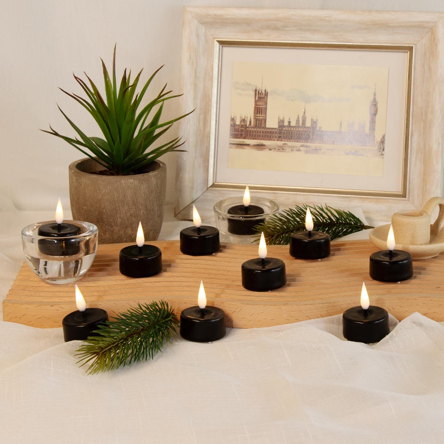 Eywamage Black Flameless Tealights with Remote Batteries, Real Wax Flickering LED Tea Votive Candles Set of 10