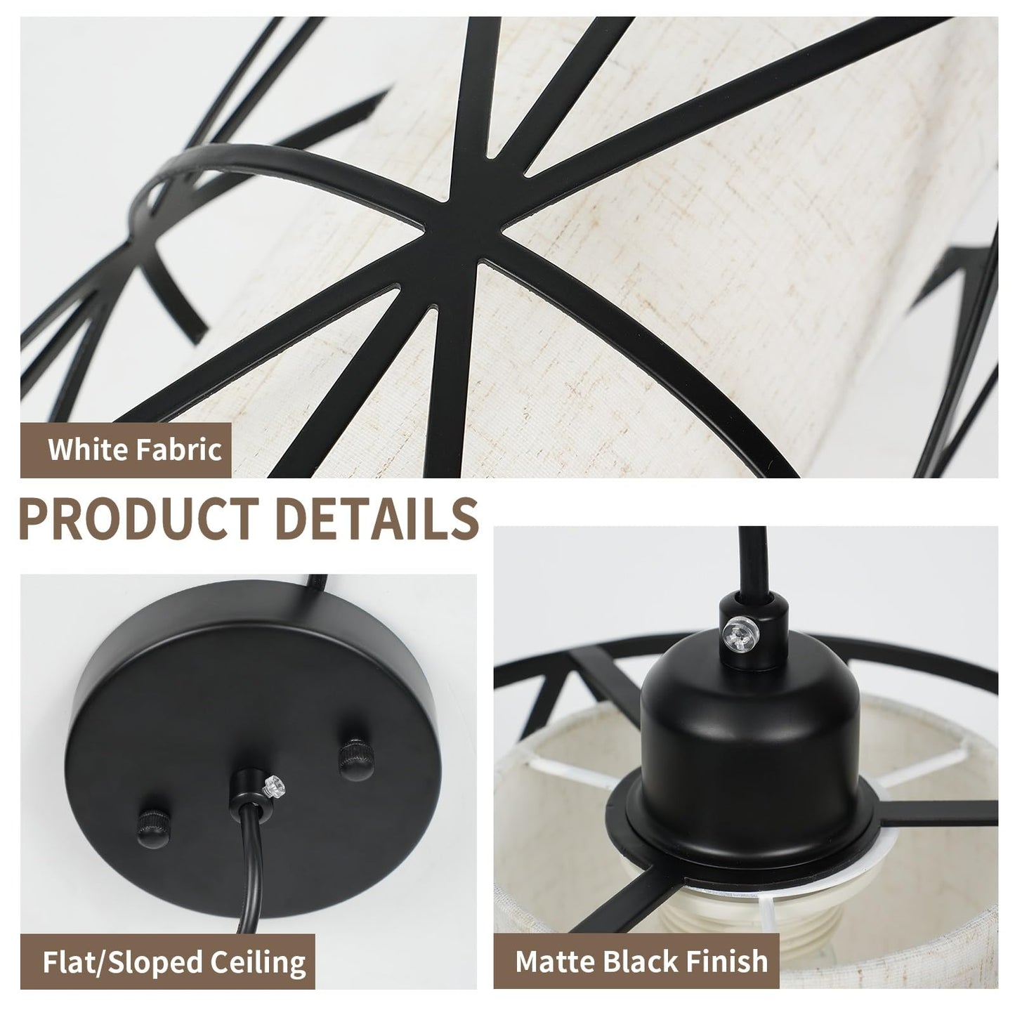 Zlierop 7in Matte Black Pendant Light, Adjustable Height, Linen Shade, Metal, Ideal for Kitchen, Dining Room, Living Room