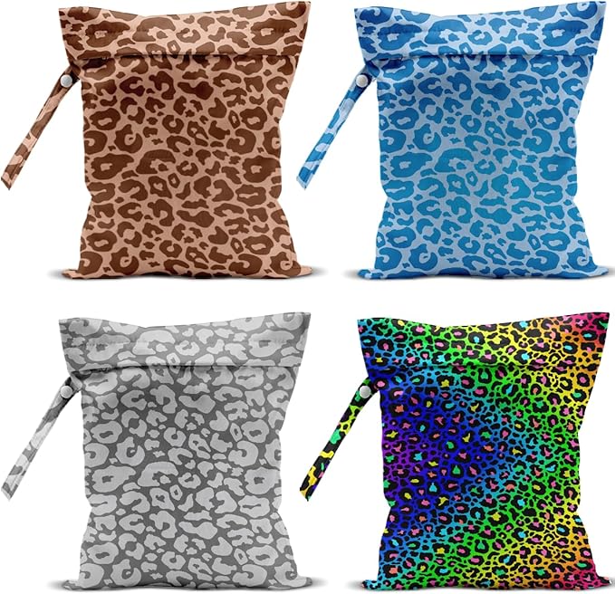 4 Pack Colorful Neon Leopard Print Wet Bag Waterproof Reusable Wet Dry Bag for Swimsuit Dirty Clothes Diaper Travel Pool Beach Yoga Gym Travel Party Birthday Christmas Toiletries Beach Essentials