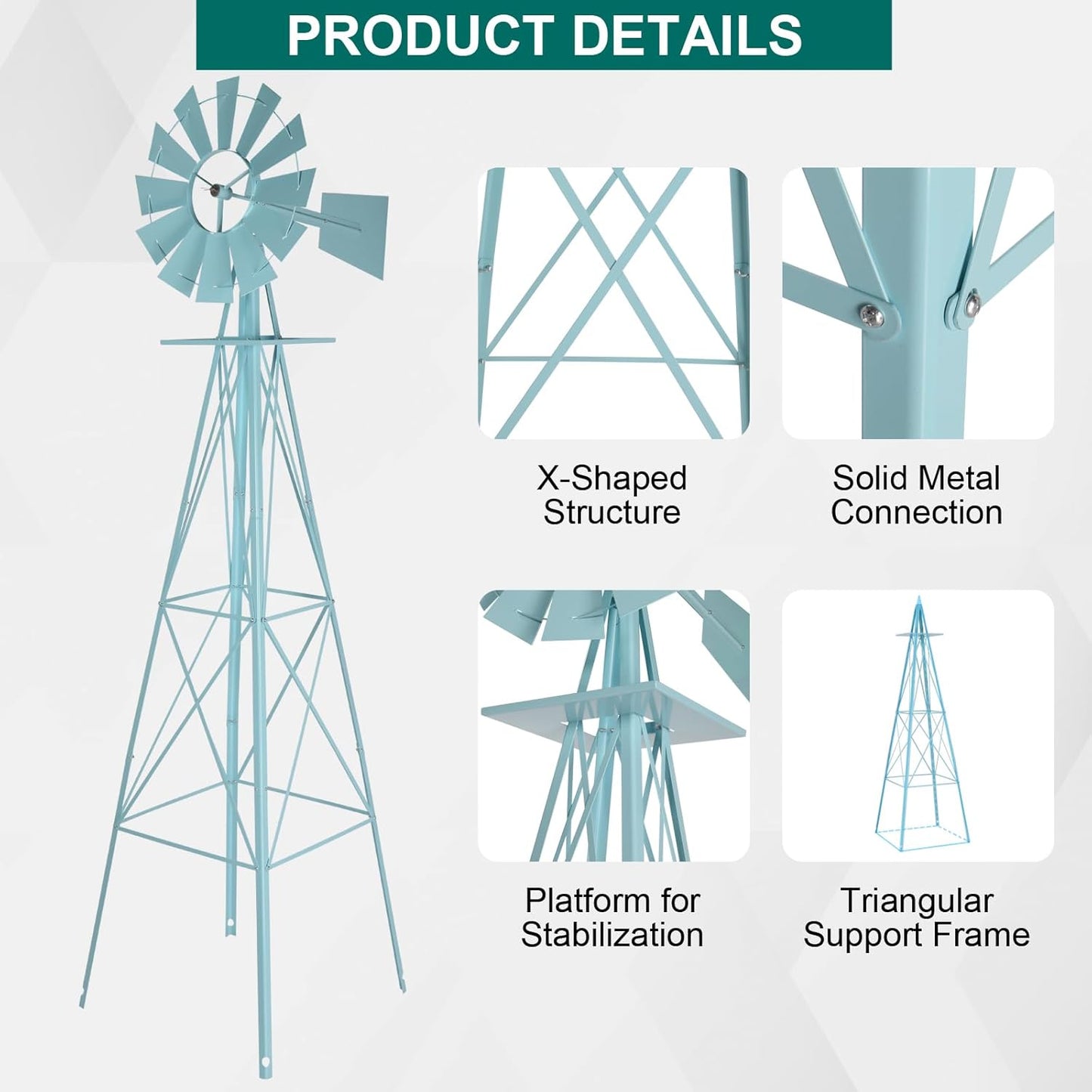 VINGLI 8FT Ornamental Windmill Backyard Garden Decoration Weather Vane, Heavy Duty Metal Wind Mill w/ 4 Legs Design,Light Blue