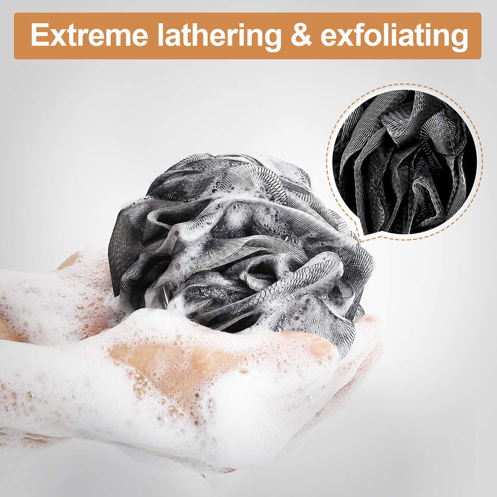Novosun Loofah Bath Sponge Set - Extra Large 4 Pack, Soft Mesh Pouf Scrubber for Exfoliating Skin, Black, Model LF-0112, 75g