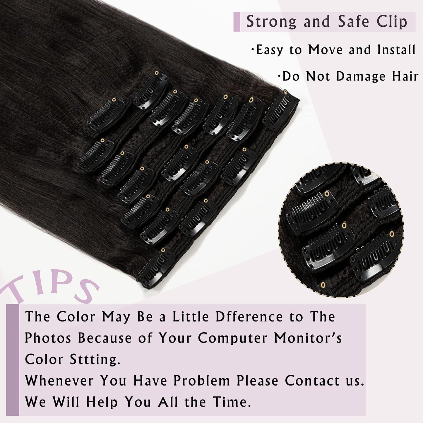 Anrosa Yaki Clip in Hair Extensions Human Hair for African American Relaxed Hair for 7 Piece 120 Gram, Natural Color Hair 12 Inc