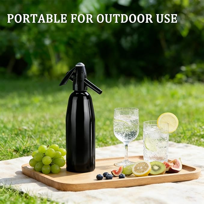 1L Portable Soda Siphon – Aluminum Home Soda Maker, Black Vintage Seltzer Bottle for DIY Carbonated Drinks, Sparkling Water Maker for Healthy Cocktails, Use 8 gram CO2 Cartridges (Not Included)