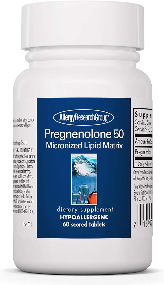 Allergy Research Group Pregnenolone Supplement - Progesterone Supplements 50mg, Hormone & Stress Support, Made from Non-GMO Wild Yam, Micronized Lipid Matrix, Plant-Sourced, Scored Tablets - 60 Count