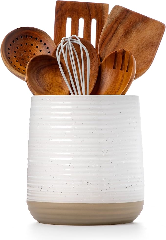 6.8" Large Ceramic Kitchen Utensil Holder - Utensil Holder for Kitchen Counter, Modern Farmhouse Style Holder for Spoons, Spatulas & Cooking Tools (White)