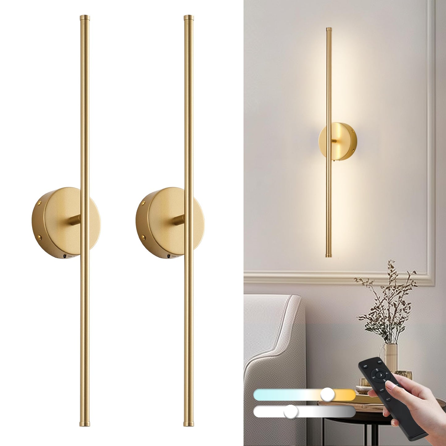 KARTOOSH Removable Battery Operated Wall Sconces, 350° Rotate, LED, 3 Color Temperatures, 24.4 Inch, Gold, Model ZM326BGD