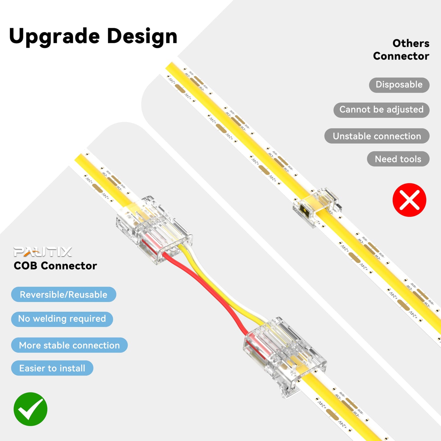 PAUTIX 10mm Connectors for 3-Pin CCT COB LED Strip Lights,20pcs Strip to Wire Connectors,10ft(305cm) Long 22AWG Extension 3 Wires for Non-Wired Gapless Solderless,5V 12V 24V LED Strip Lights Jumper