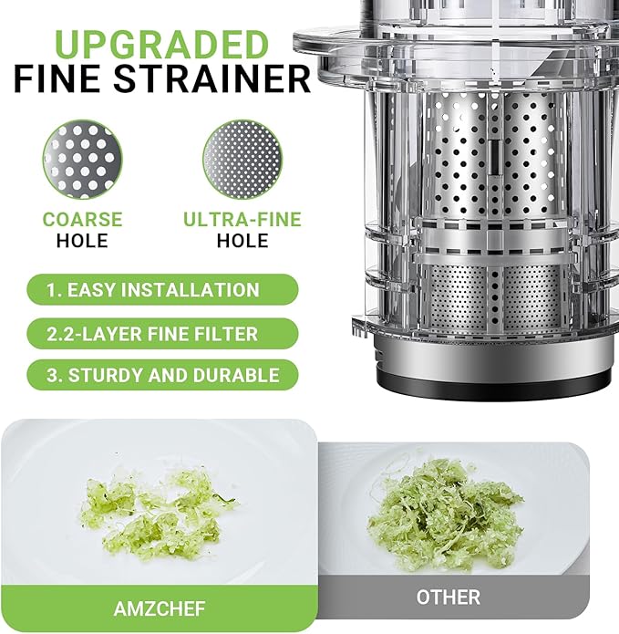 AMZCHEF Cold Press Juicer, Juicers Machines - 3.2" Large Feed Chute for Whole Fruits & Vegetables, Stainless Steel Slow Masticating Juice Easy to Clean, Large Auger, Double Strainers