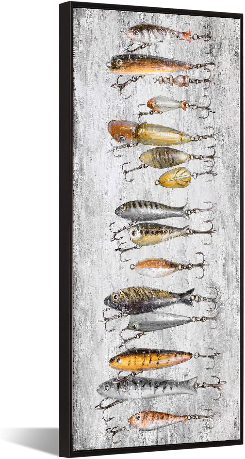 KREATIVE ARTS Fishing Lures Wall Art Vertical Canvas Print Tackle Bait Painting with Black Floater Frame Rustic Fishing Decor for Cabin Garage Lake House Bathroom 20x48 Inch Ready to Hang