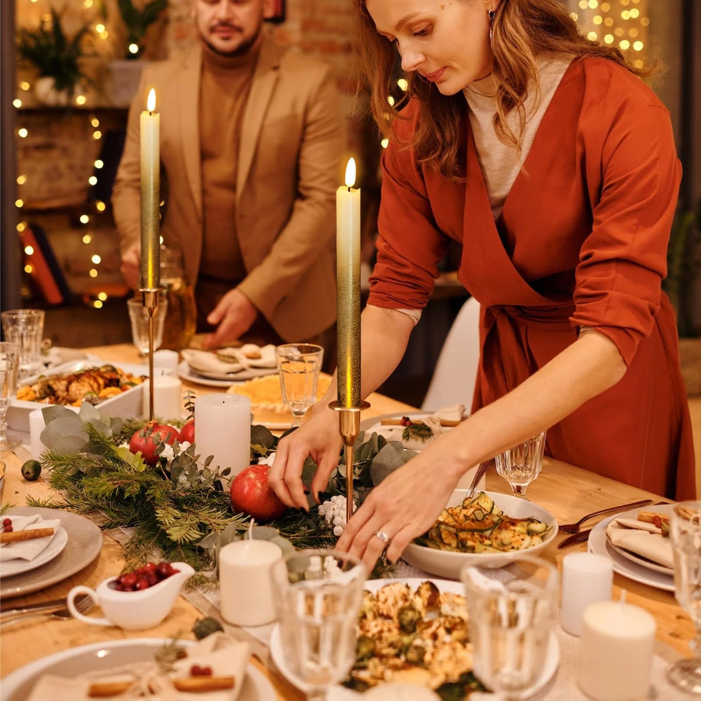 Wondise Gold Flameless Taper Candles with Timer & Remote, 9 Inch Battery Operated LED Flickering Window Candle for Christmas Thanksgiving Decorations, Set of 6