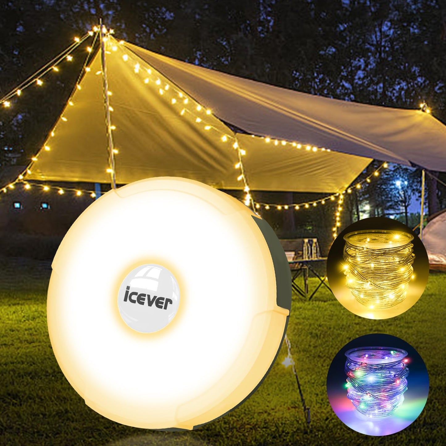 Icever Camping String Lights  32.8Ft 4 In 1 Rechargeable Waterproof Hanging Lamp Portable Led Light For Outdoor Camping Awning Tent Garden Party Yard Festival Decor (10 Lighting Modes)