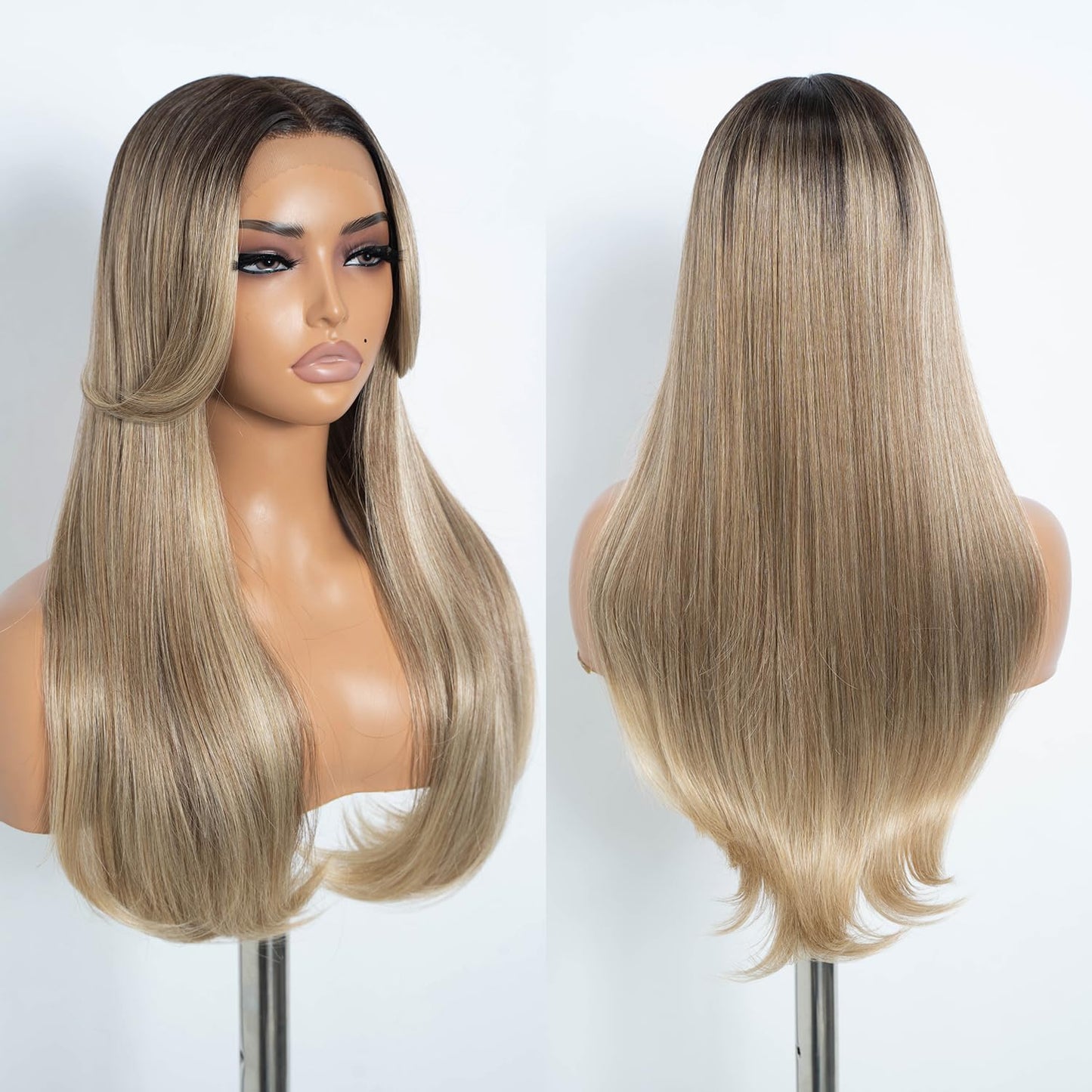 Style Icon 24 Ombre Blonde Wig HD Lace Front Middle Part Wigs Long Straight Wigs for Women Pre Plucked with Door Curtain Bangs