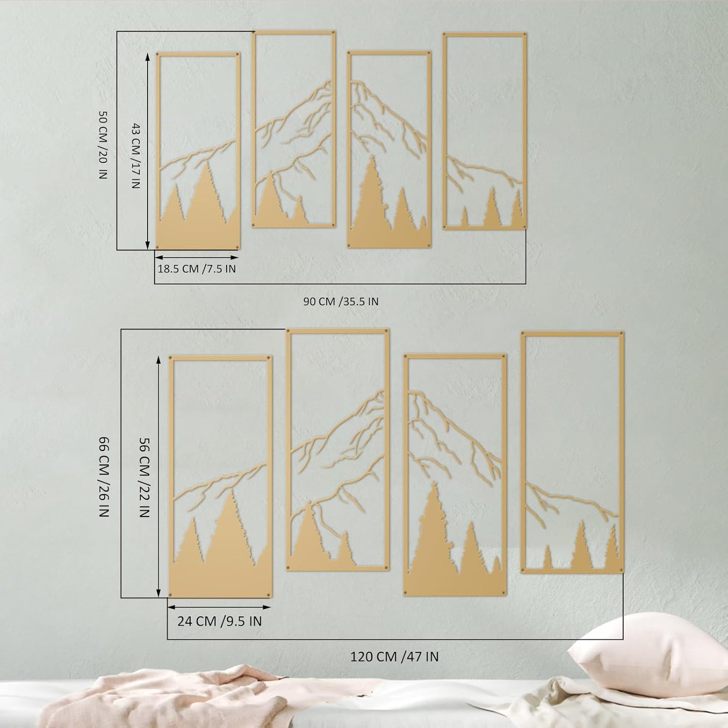 ruelen 4 Pcs Metal Mountain and Forest Wall Decor Line Drawing Wall Art Abstract Minimalist Wall Decor Rustic Nature Home Wall Art Sculpture for Home Office Bedroom Bathroom Living Room (Gold, Small)