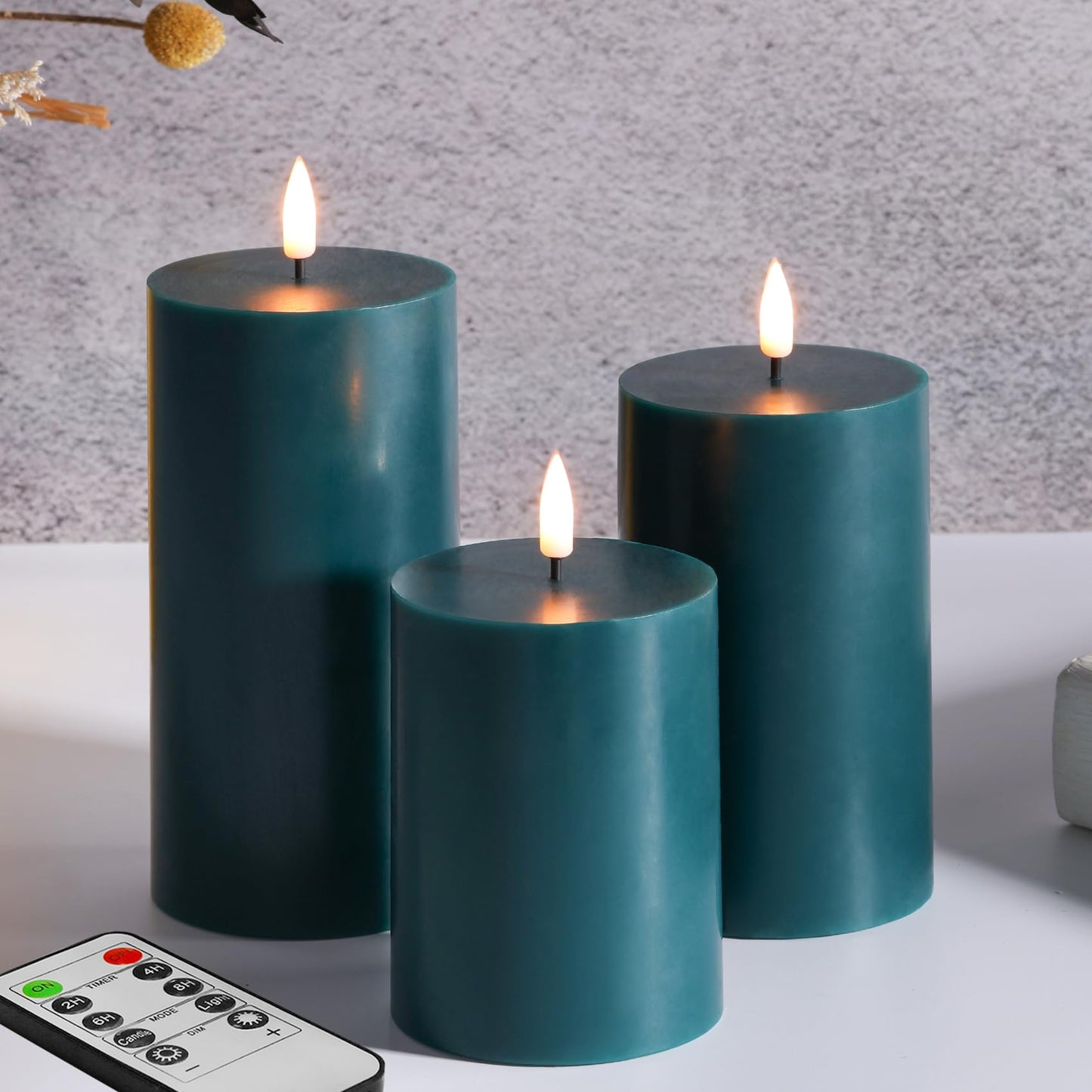 Girimax Blue Flameless Pillar Candles with Remote, Flickering Christmas LED Wax Candles Battery Operated Set of 3