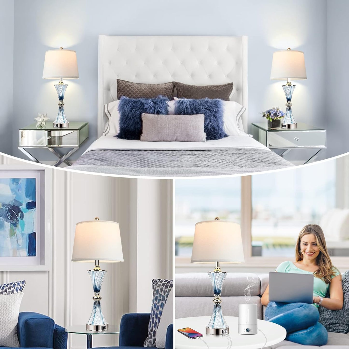 Hamucd 3-Way Dimmable Touch Glass Table Lamps For Bedrooms With 2 Usb Ports Set Of 2 Coastal Beach Bedside Lamps For Contemporary Modern Night Stand Lamps With 2 Led Bulbs For Lighting Decor