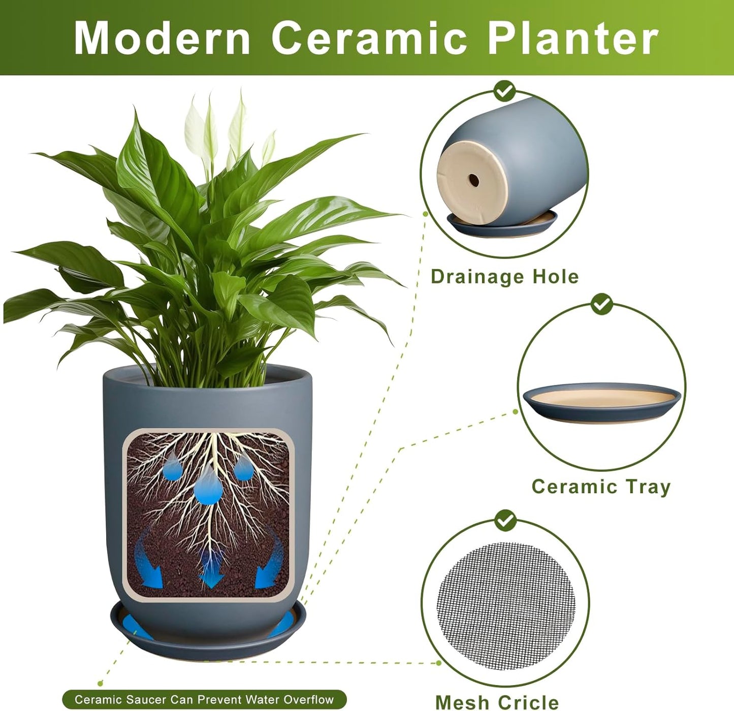 10 Inch Plant Pot - Ceramic Pot for Indoor Plants Outdoor Planter Large Flower Pot with Drainage Hole and Saucer Cylinder Gray