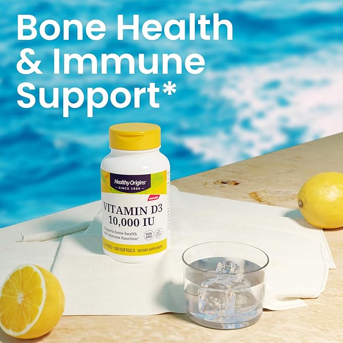 Healthy Origins Vitamin D3 (Lanolin) 10,000 IU Softgel - Bone Health and Immune Support Supplement - Easily Absorbable Vitamin D Supplements - Gluten-Free Vitamin D3 Supplement - 360 Softgels