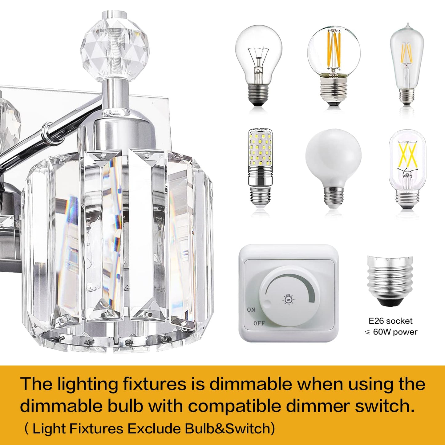 Presde 2-Light Chrome Bathroom Vanity Light - Modern Crystal Wall Sconce For Over Mirror Lighting